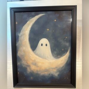 Cute Ghost on Moon framed 8x10” print,  Spooky Adorable Halloween Night Decor
